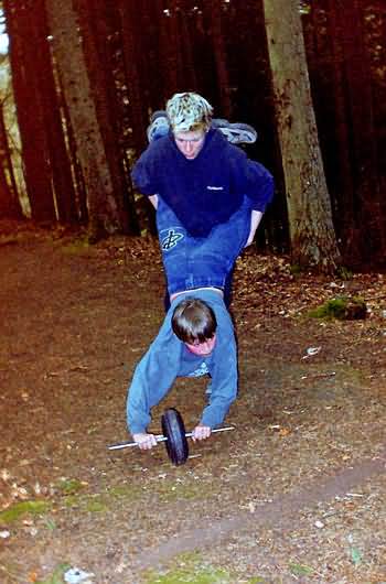 Eine Rolle auf einer Achse als Schubkarrenlauf halten.