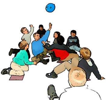 Gruppenraumspiele Sitzfussball: einen Luftballon oder Ball im Sitzen ins gegnerische Tor befördern.